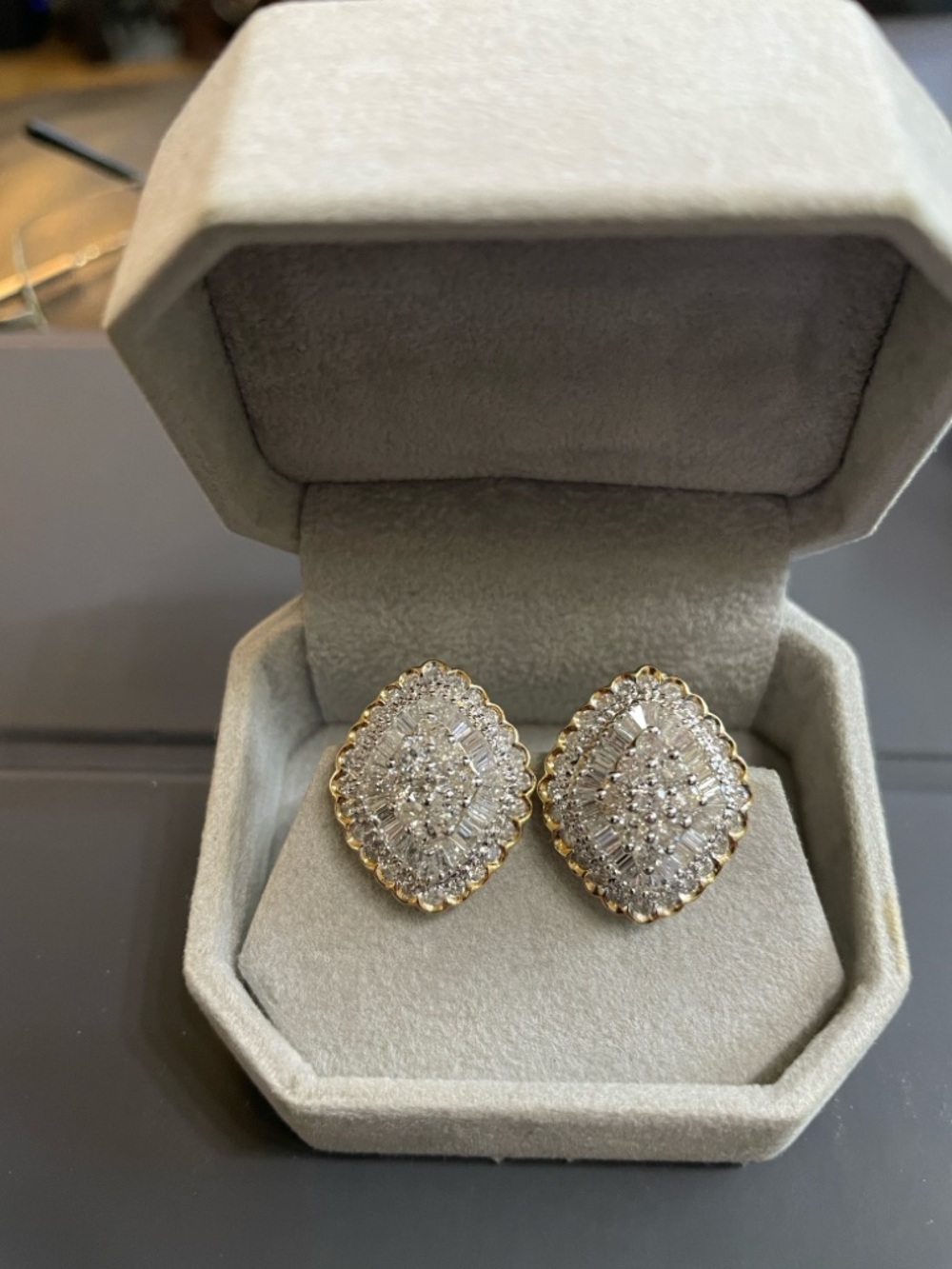 Gold 14k Round Baguette Diamond Cluster Omega Clip Earrings